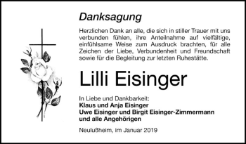 Traueranzeige von Lilli Eisinger von Schwetzinger Zeitung