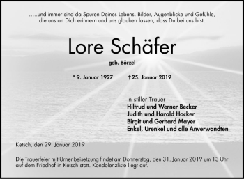 Traueranzeige von Lore Schäfer von Schwetzinger Zeitung