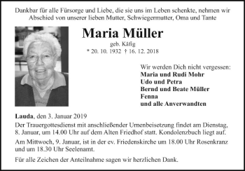 Traueranzeige von Maria Müller von Fränkische Nachrichten