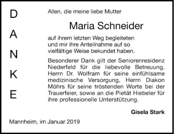 Traueranzeige von Maria Schneider von Mannheimer Morgen