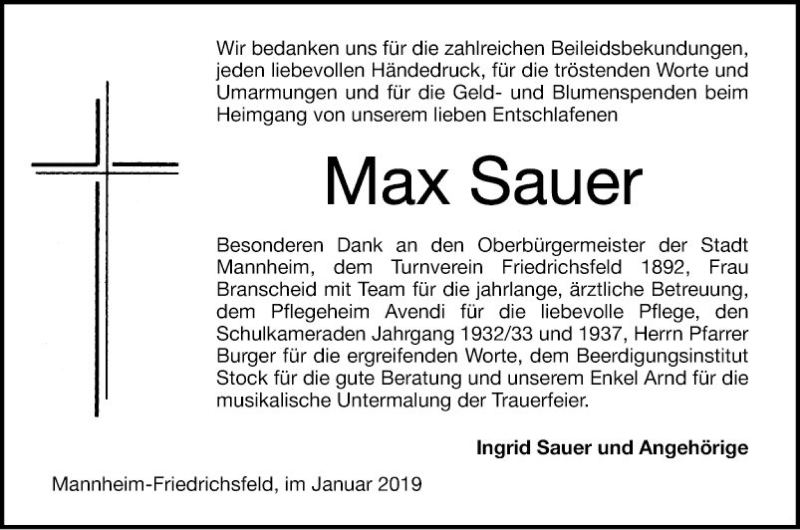  Traueranzeige für Max Sauer vom 12.01.2019 aus Mannheimer Morgen