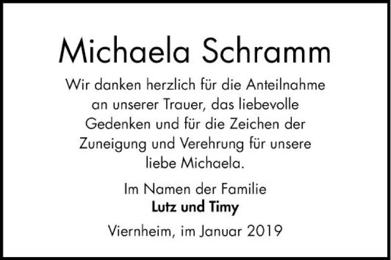  Traueranzeige für Michaela Schramm vom 12.01.2019 aus Mannheimer Morgen