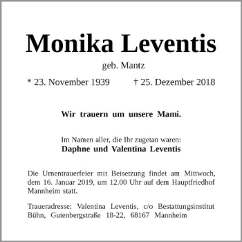 Traueranzeige von Monika Leventis von Mannheimer Morgen