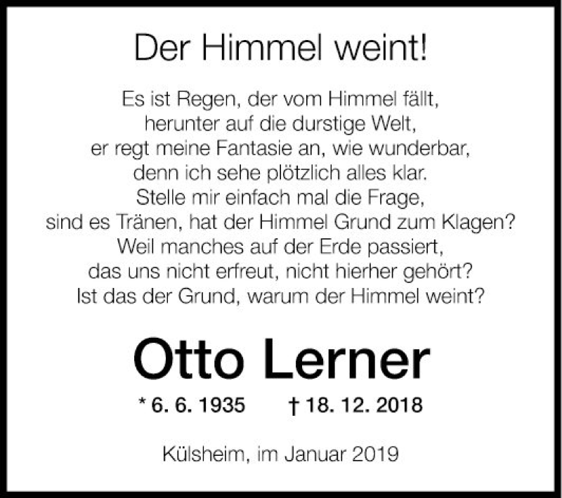  Traueranzeige für Otto Lerner vom 12.01.2019 aus Fränkische Nachrichten