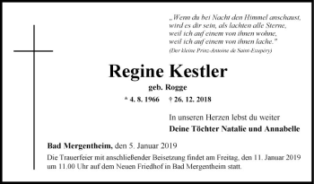 Traueranzeige von Regine Kestler von Fränkische Nachrichten