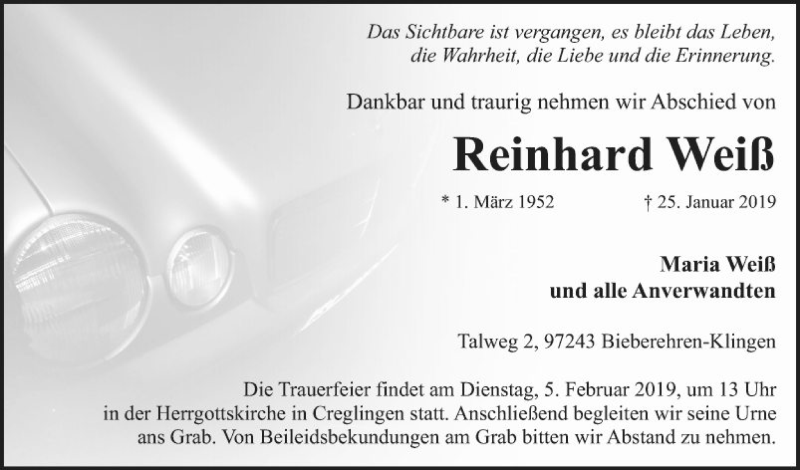  Traueranzeige für Reinhard Weiß vom 01.02.2019 aus Fränkische Nachrichten