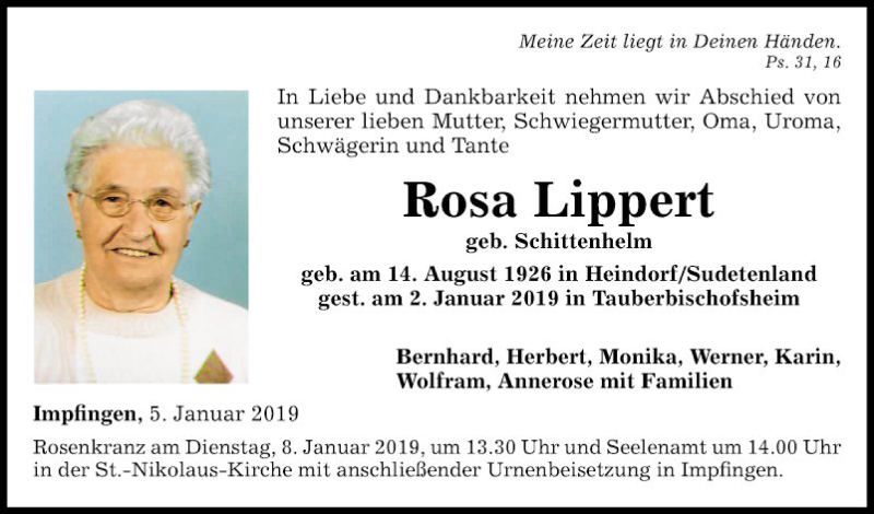  Traueranzeige für Rosa Lippert vom 05.01.2019 aus Fränkische Nachrichten