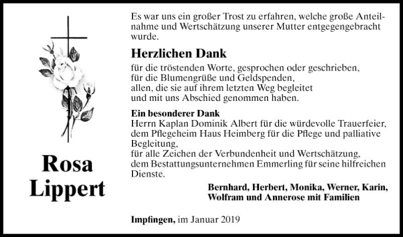  Traueranzeige für Rosa Lippert vom 12.01.2019 aus Fränkische Nachrichten
