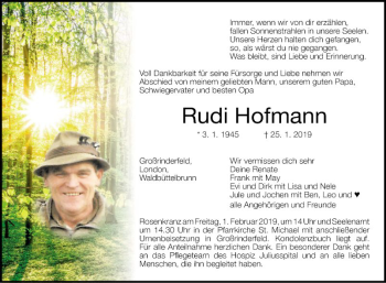 Traueranzeige von Rudi Hofmann von Fränkische Nachrichten