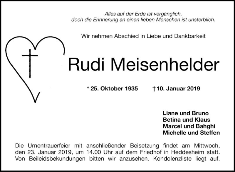  Traueranzeige für Rudi Meisenhelder vom 19.01.2019 aus Mannheimer Morgen
