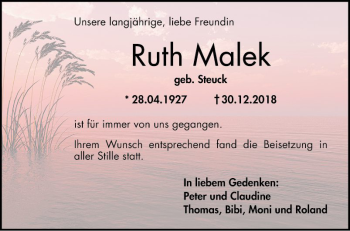 Traueranzeige von Ruth Malek von Mannheimer Morgen
