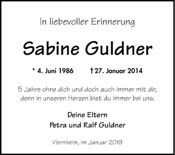 Traueranzeige von Sabine Guldner von Südhessen Morgen