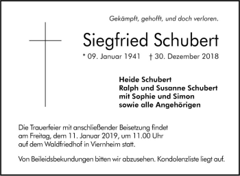 Traueranzeige von Siegfried Schubert von Südhessen Morgen