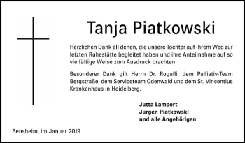 Traueranzeige von Tanja Piatkowski von Bergsträßer Anzeiger