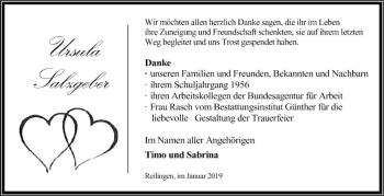 Traueranzeige von Ursula Salzgeber von Schwetzinger Zeitung