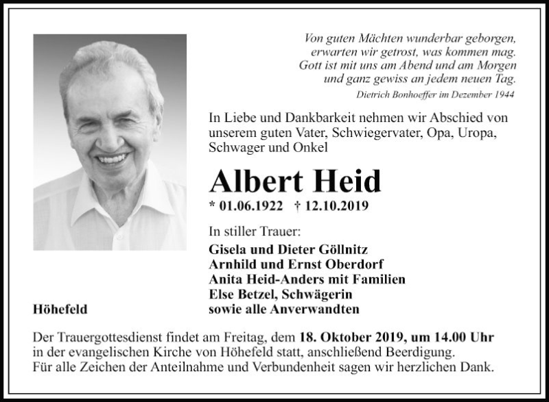  Traueranzeige für Albert Held vom 15.10.2019 aus Fränkische Nachrichten