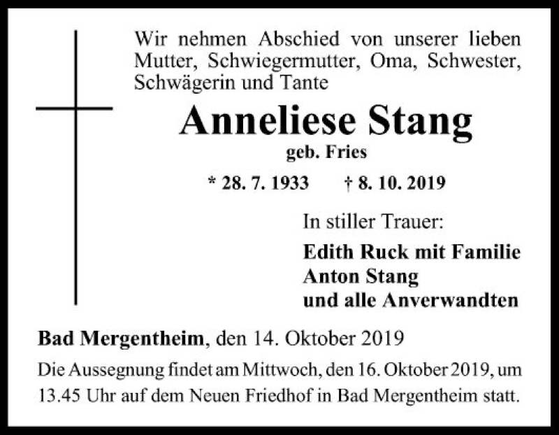  Traueranzeige für Anneliese Stang vom 14.10.2019 aus Fränkische Nachrichten