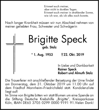 Traueranzeige von Brigitte Speck von Mannheimer Morgen
