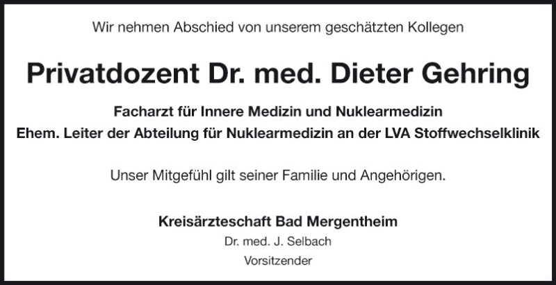  Traueranzeige für Dieter Gehring vom 26.10.2019 aus Fränkische Nachrichten