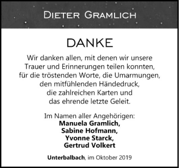 Traueranzeige von Dieter Gramlich von Fränkische Nachrichten