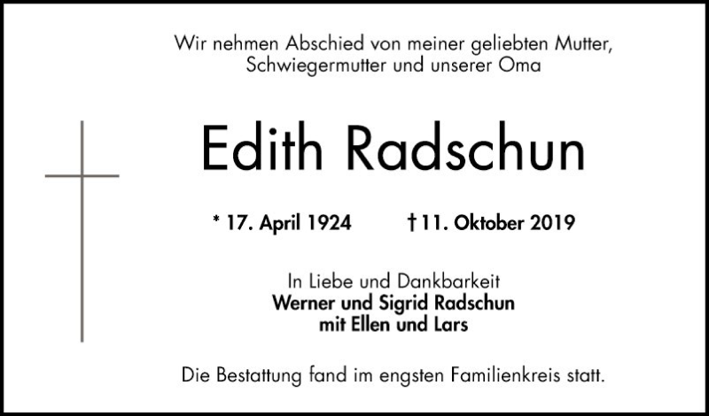  Traueranzeige für Edith Radschun vom 26.10.2019 aus Mannheimer Morgen