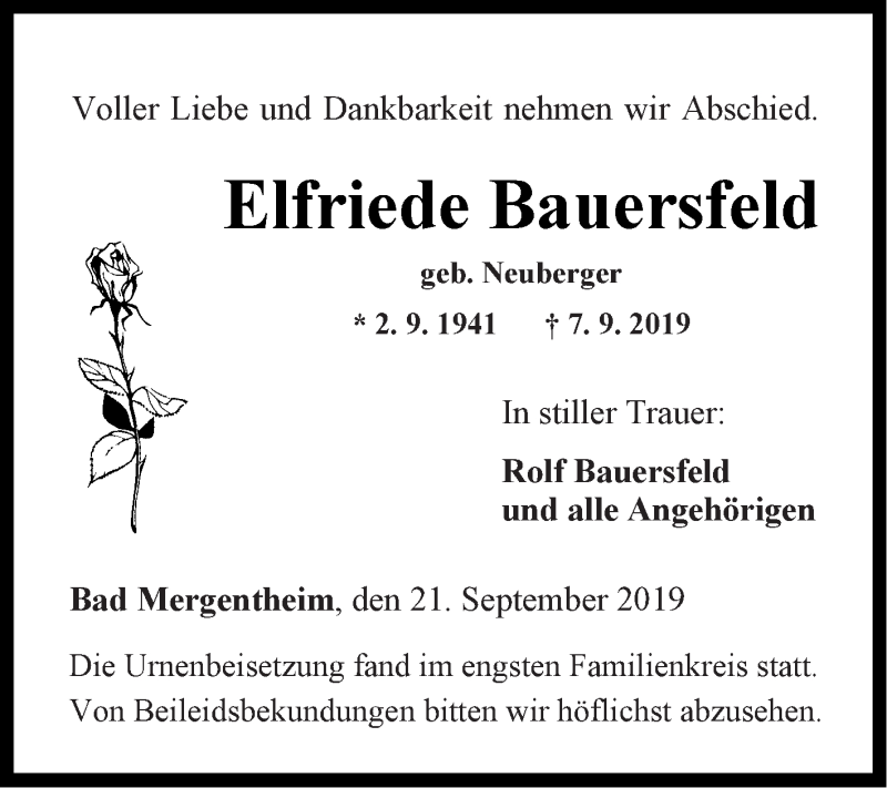  Traueranzeige für Elfriede Bauersfeld vom 21.09.2019 aus Fränkische Nachrichten