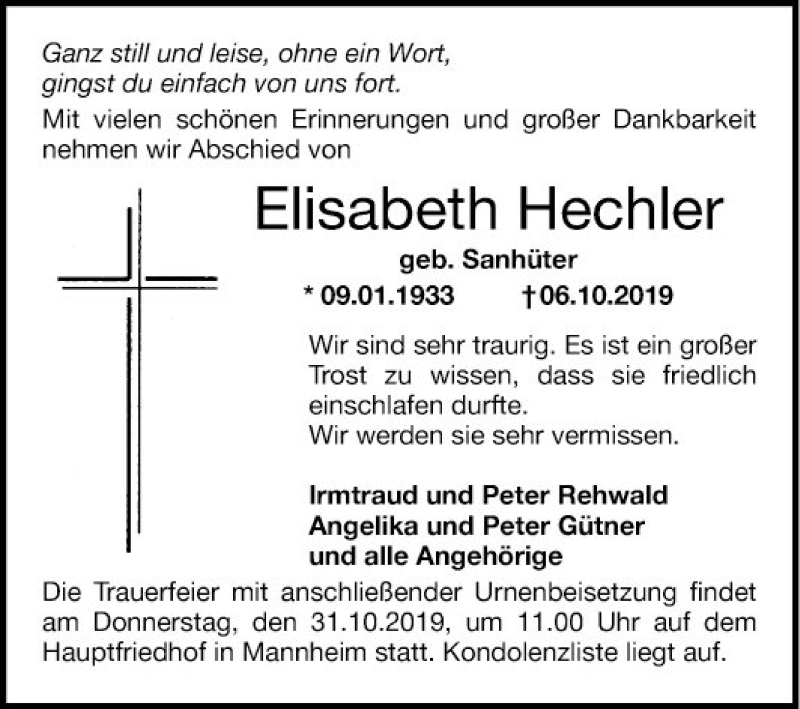  Traueranzeige für Elisabeth Hechler vom 26.10.2019 aus Mannheimer Morgen