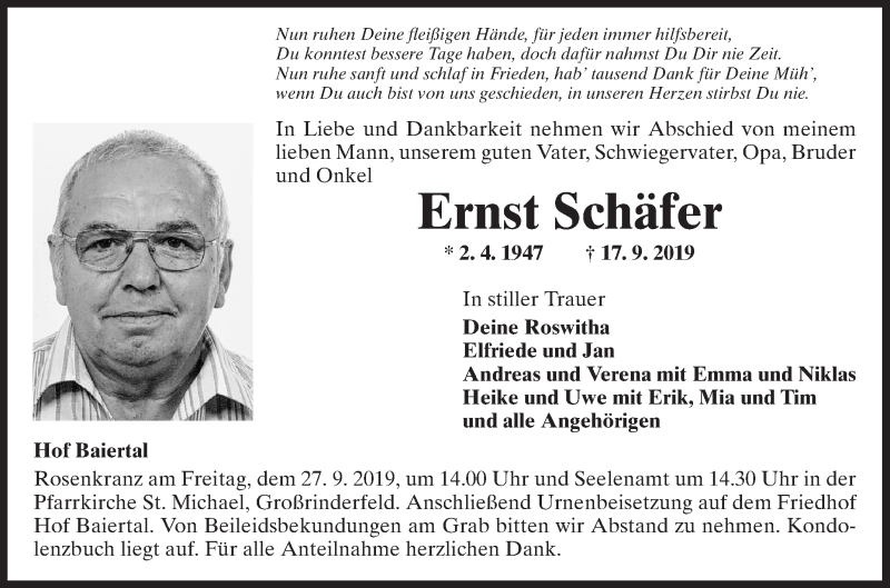  Traueranzeige für Ernst Schäfer vom 21.09.2019 aus Fränkische Nachrichten