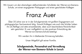 Traueranzeige von Franz Auer von Bergsträßer Anzeiger