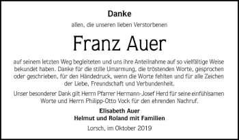 Traueranzeige von Franz Auer von Bergsträßer Anzeiger