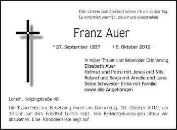 Traueranzeige von Franz Auer von Bergsträßer Anzeiger