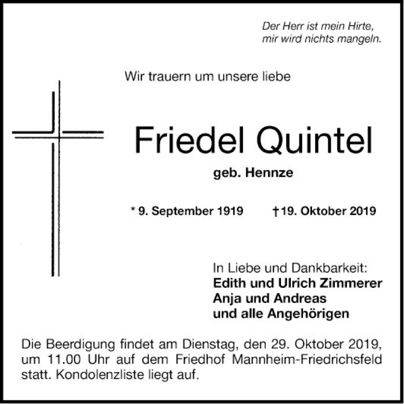  Traueranzeige für Friedel Quintel vom 26.10.2019 aus Mannheimer Morgen