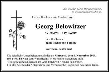 Traueranzeige von Georg Belowitzer von Fränkische Nachrichten