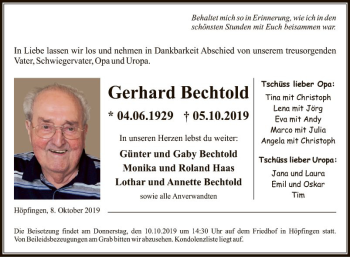 Traueranzeige von Gerhard Bechtold von Fränkische Nachrichten