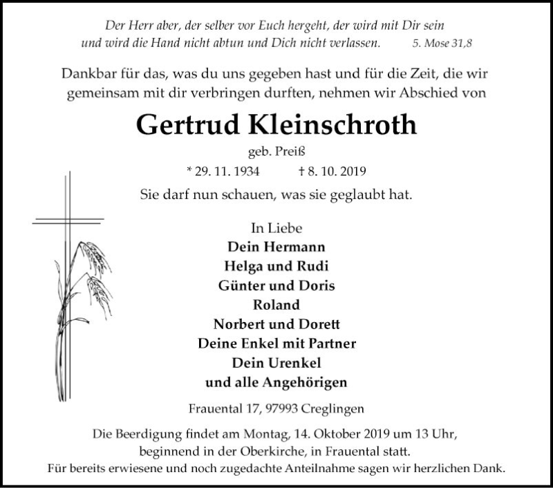  Traueranzeige für Gertrud  Kleinschroth vom 11.10.2019 aus Fränkische Nachrichten