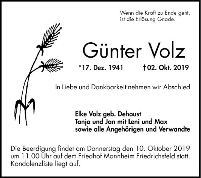 Traueranzeige für Günter Volz vom 05.10.2019 aus Mannheimer Morgen