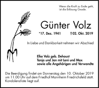 Traueranzeige von Günter Volz von Mannheimer Morgen