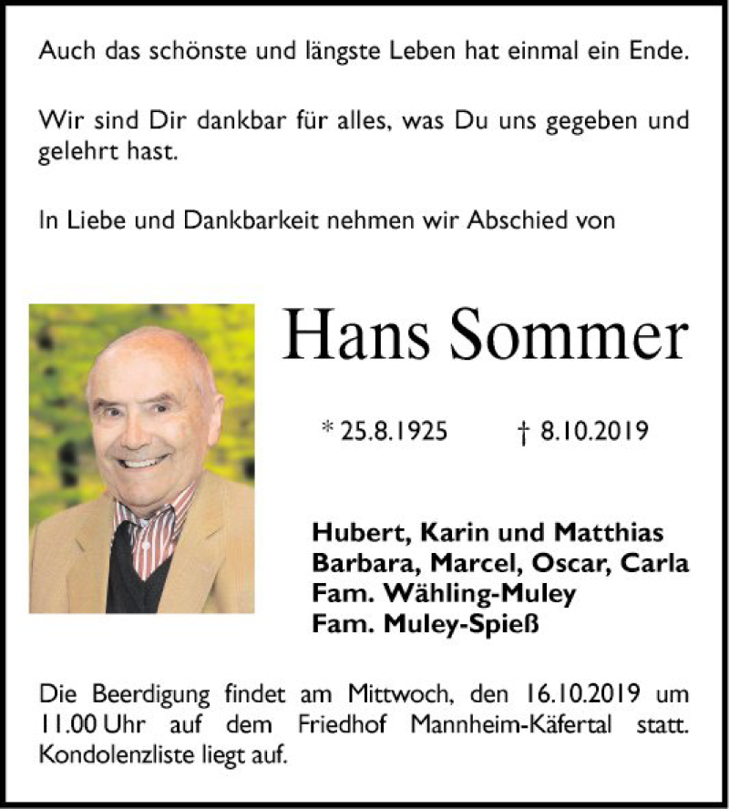  Traueranzeige für Hans Sommer vom 12.10.2019 aus Mannheimer Morgen