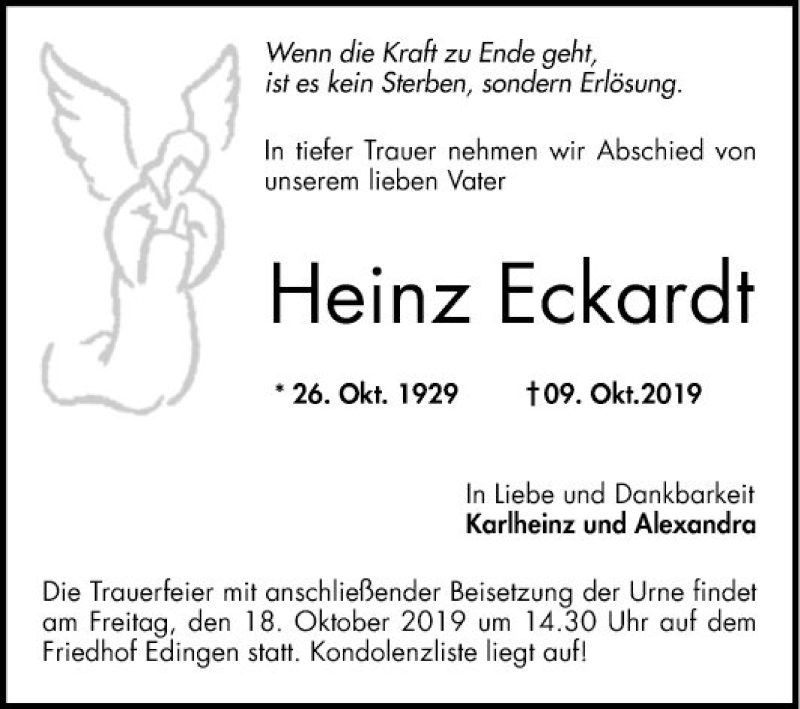  Traueranzeige für Heinz Eckardt vom 12.10.2019 aus Mannheimer Morgen