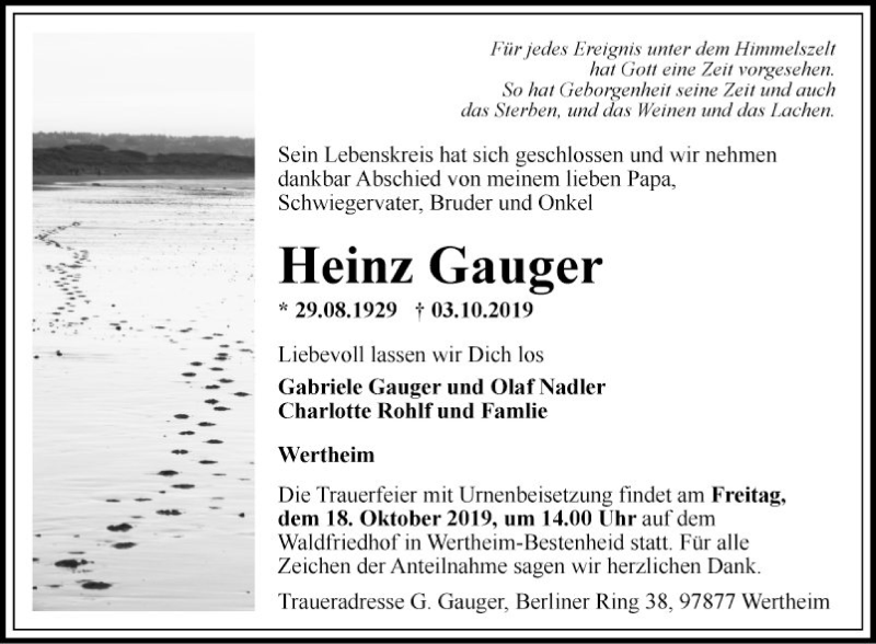  Traueranzeige für Heinz Gauger vom 12.10.2019 aus Fränkische Nachrichten
