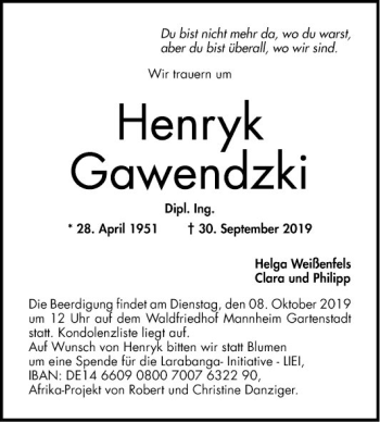 Traueranzeige von Henryk Gawendzki von Mannheimer Morgen