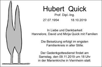 Traueranzeige von Hubert Quick von Mannheimer Morgen