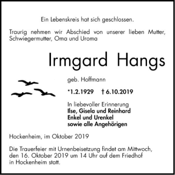 Traueranzeige von Irmgard Hangs von Schwetzinger Zeitung