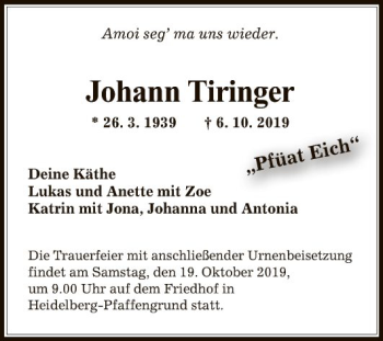 Traueranzeige von Johann Tiringer von Schwetzinger Zeitung