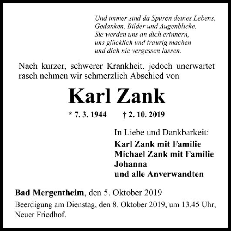  Traueranzeige für Karl Zank vom 05.10.2019 aus Fränkische Nachrichten