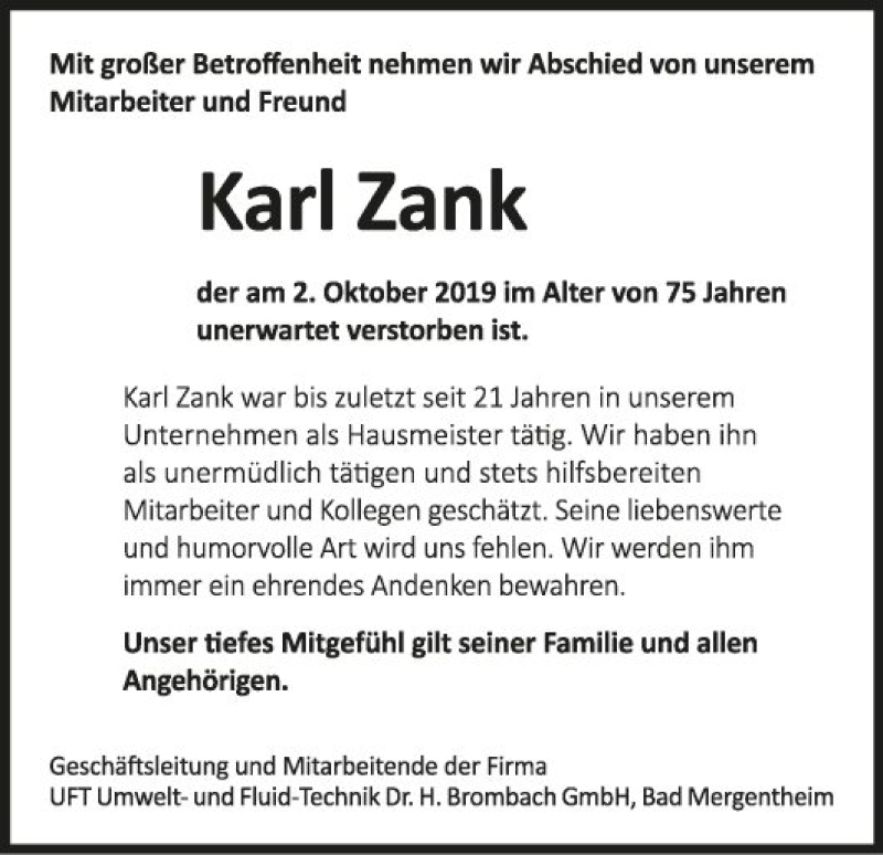  Traueranzeige für Karl Zank vom 08.10.2019 aus Fränkische Nachrichten