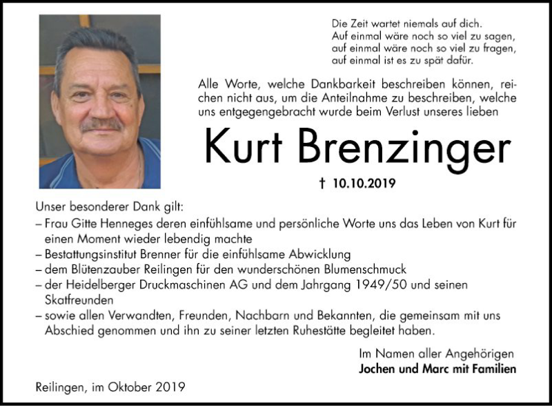  Traueranzeige für Kurt Brenzinger vom 31.10.2019 aus Schwetzinger Zeitung