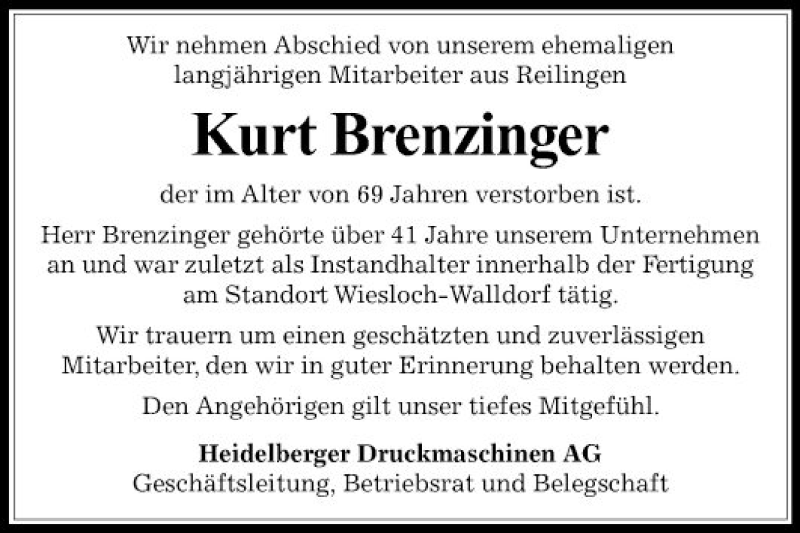  Traueranzeige für Kurt Brenzinger vom 18.10.2019 aus Schwetzinger Zeitung