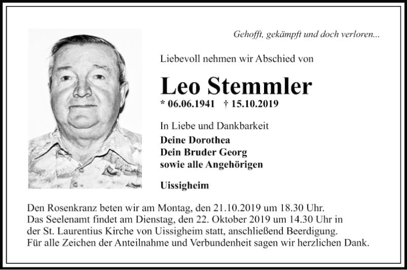  Traueranzeige für Leo Stemmler vom 19.10.2019 aus Fränkische Nachrichten