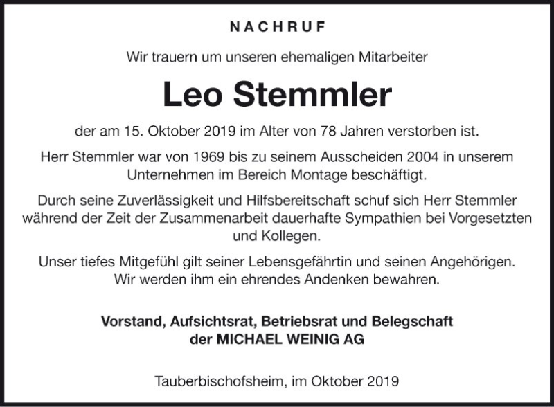  Traueranzeige für Leo Stemmler vom 22.10.2019 aus Fränkische Nachrichten